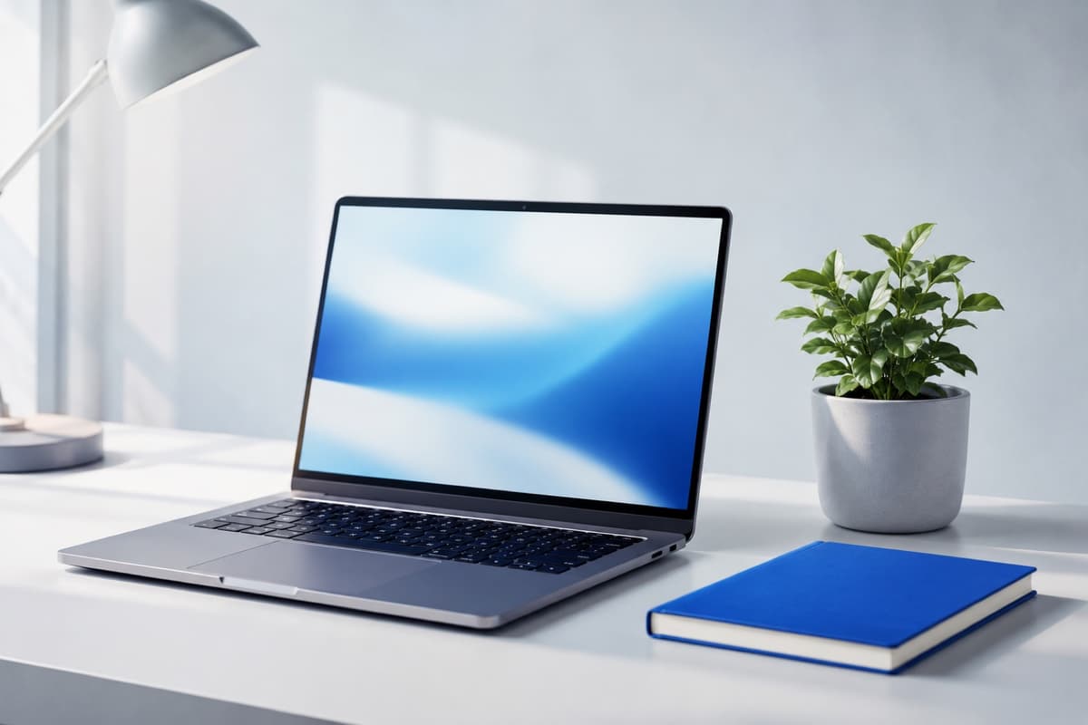 Un computer portatile aperto su una scrivania chiara e ordinata